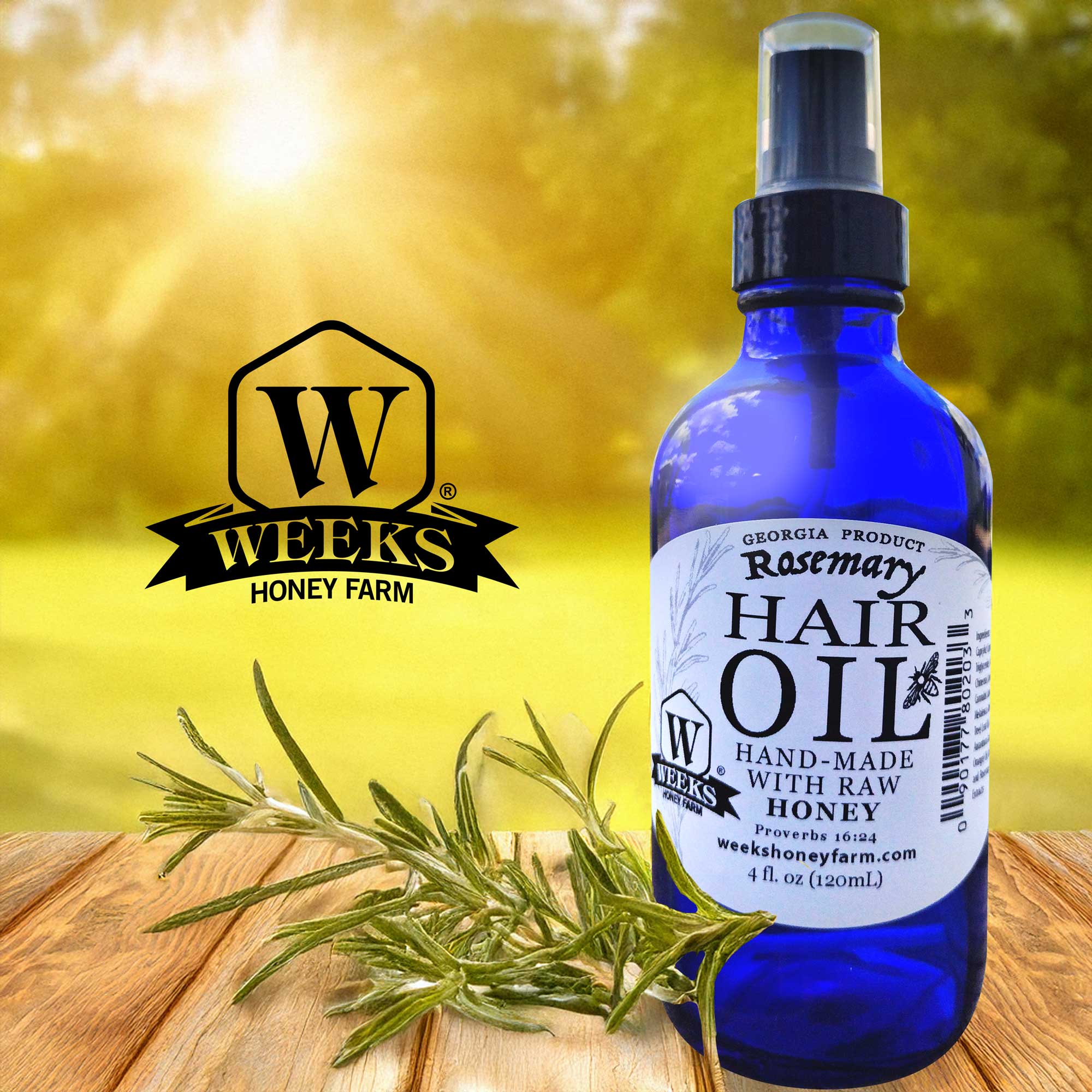 Natural Rosemary Oil for Hair Growth with Raw Honey & Tea Tree – 4oz Spray | Weeks Honey Farm