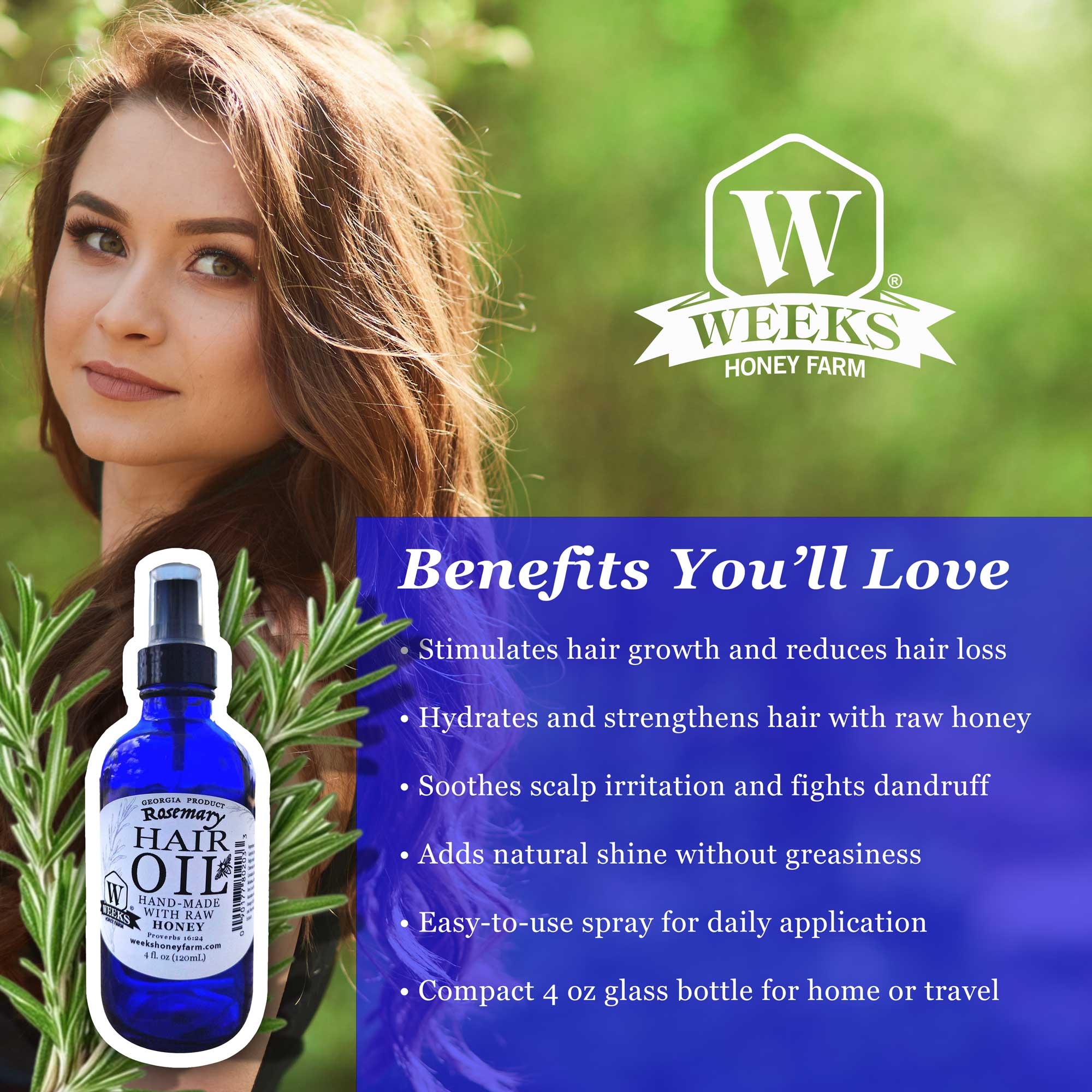 Natural Rosemary Oil for Hair Growth with Raw Honey & Tea Tree – 4oz Spray | Weeks Honey Farm - Image 2